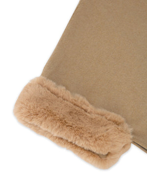 Tan cape coat with faux fur trim detail