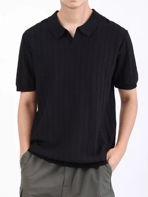 Men's black ribbed knit short sleeve polo shirt with a spread collar.