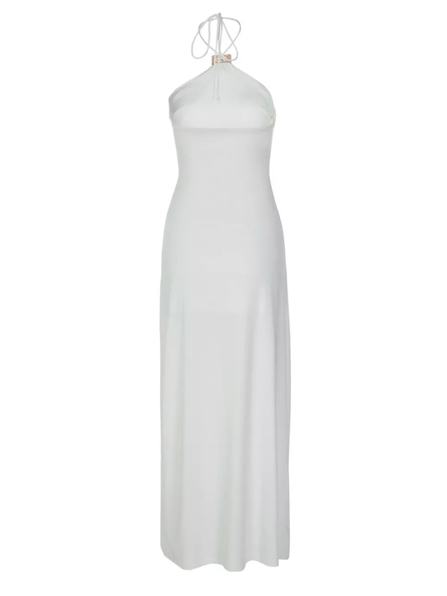 White halter neck ruched maxi dress with tie detail