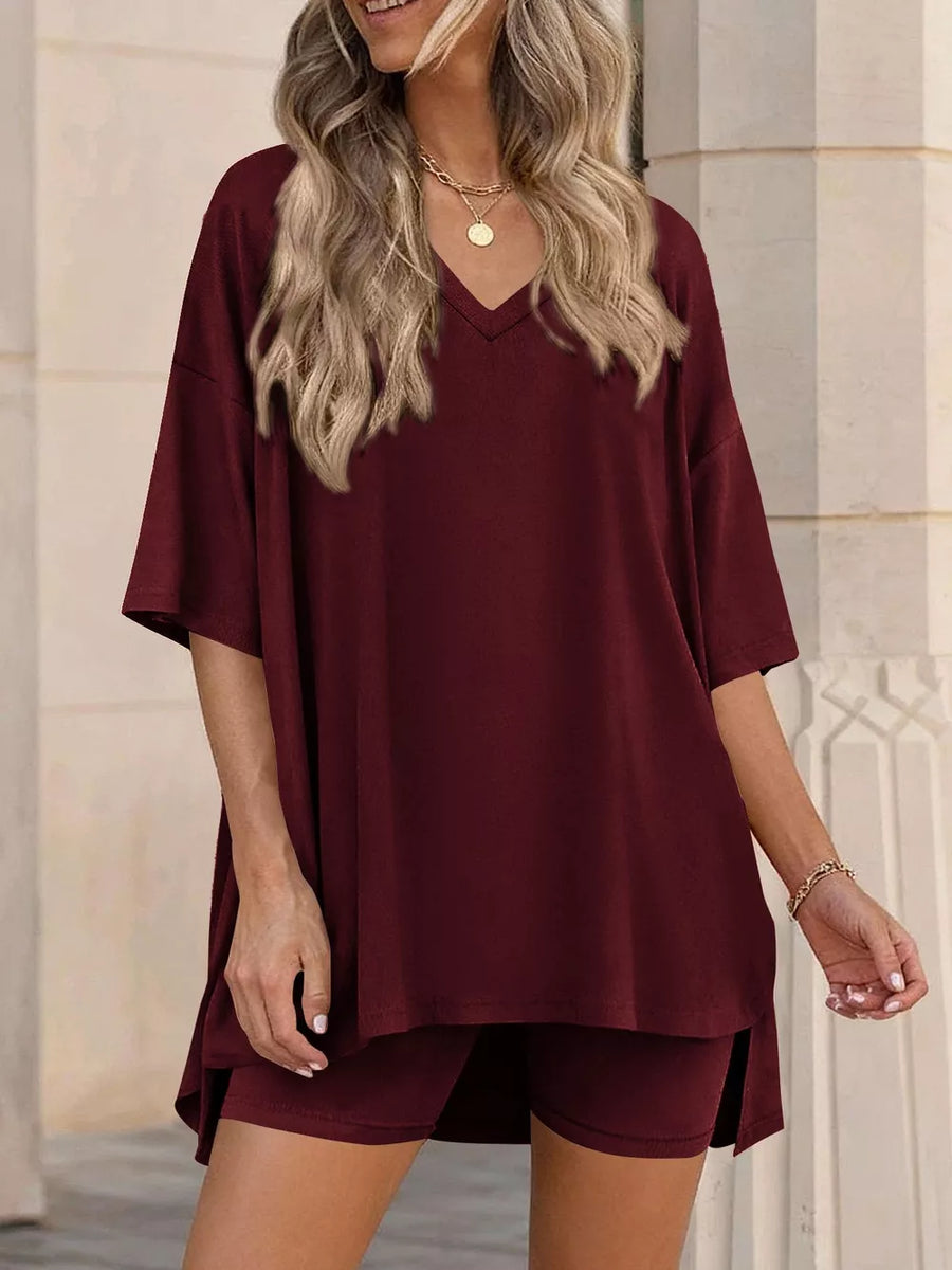 Burgundy V-neck two-piece set with oversized top and shorts, casual women's outfit