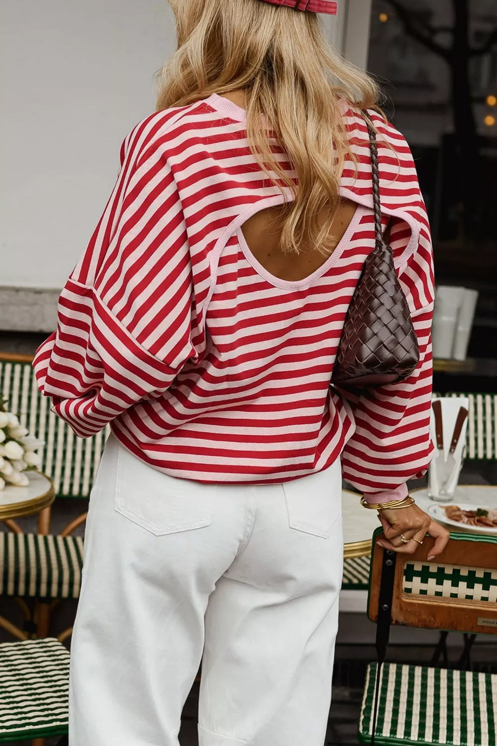 red sweatshirt with hip-length and pullover