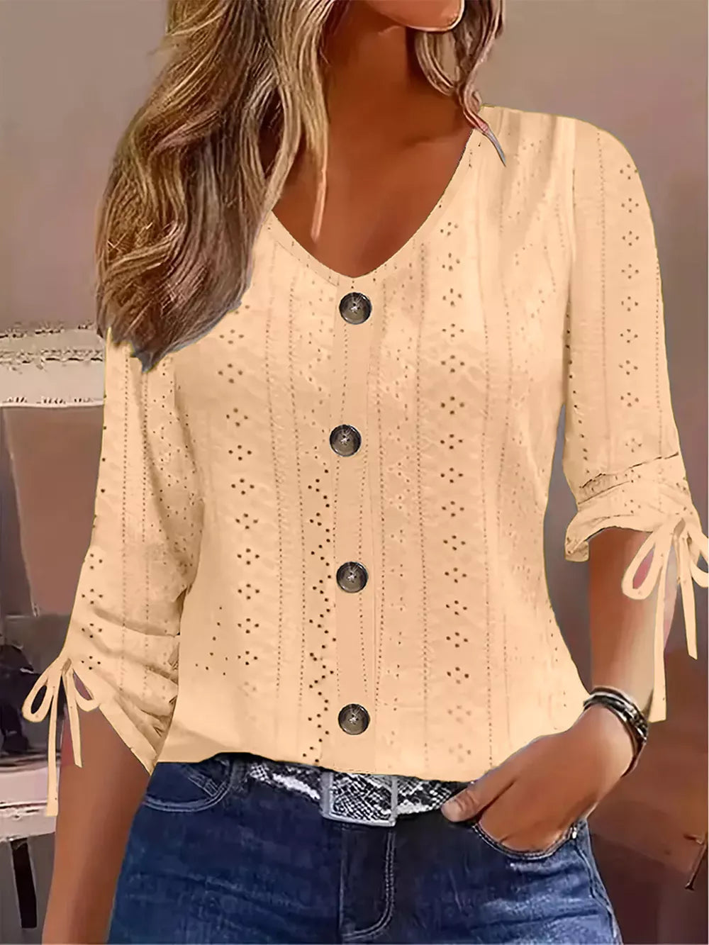 blouse in Yellow with tied sleeves and hip-length