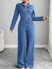 Button Front Long Sleeve Denim Jumpsuit option 5
