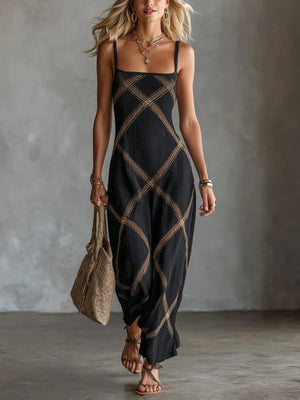 black maxi dress with geometric and square neck