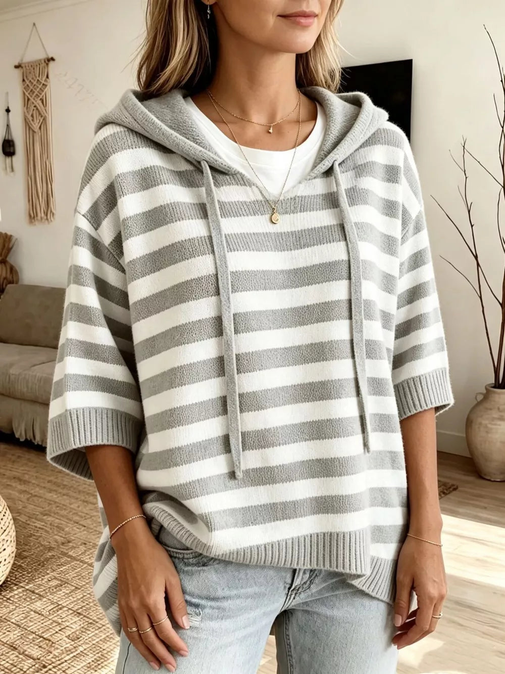 Khaki Full Size Drawstring Striped Hooded Sweater