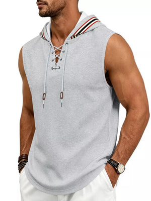 Men's Full Size Lace Up Hooded Vest in Light Gray with hooded