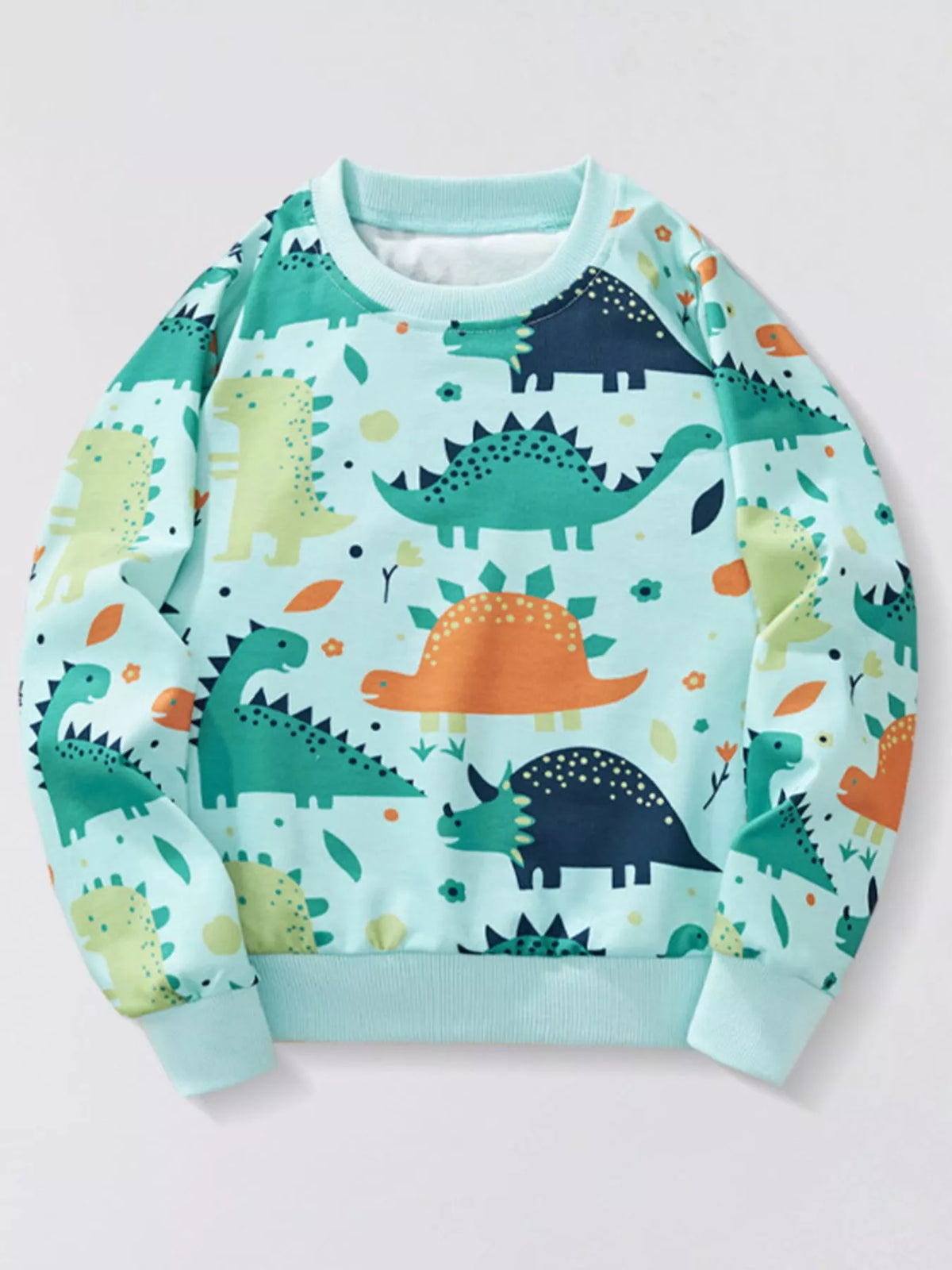 Turquoise baby sweatshirt with allover dinosaur print and crew neck.