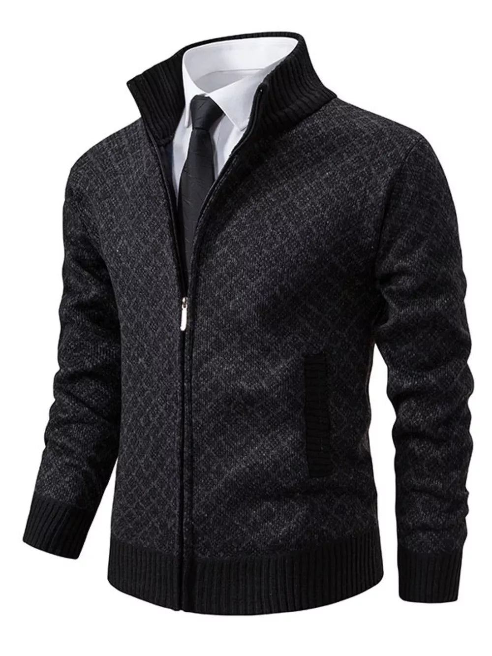 Black Men's Plus Size Textured Zip-up Cardigan