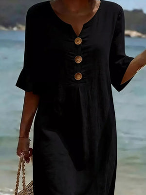 Black casual dress with ruffled sleeves and button detail, V-neck, 3/4 sleeves