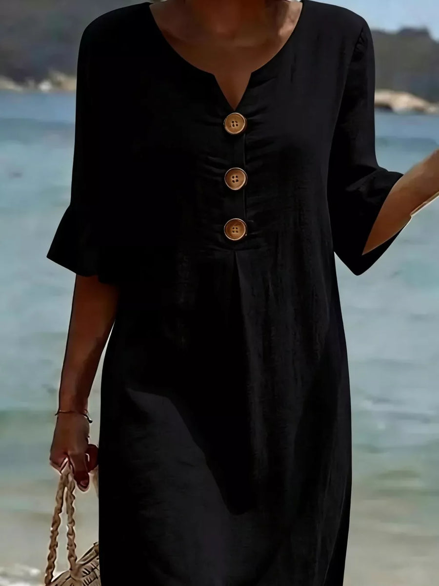 Black casual dress with ruffled sleeves and button detail, V-neck, 3/4 sleeves