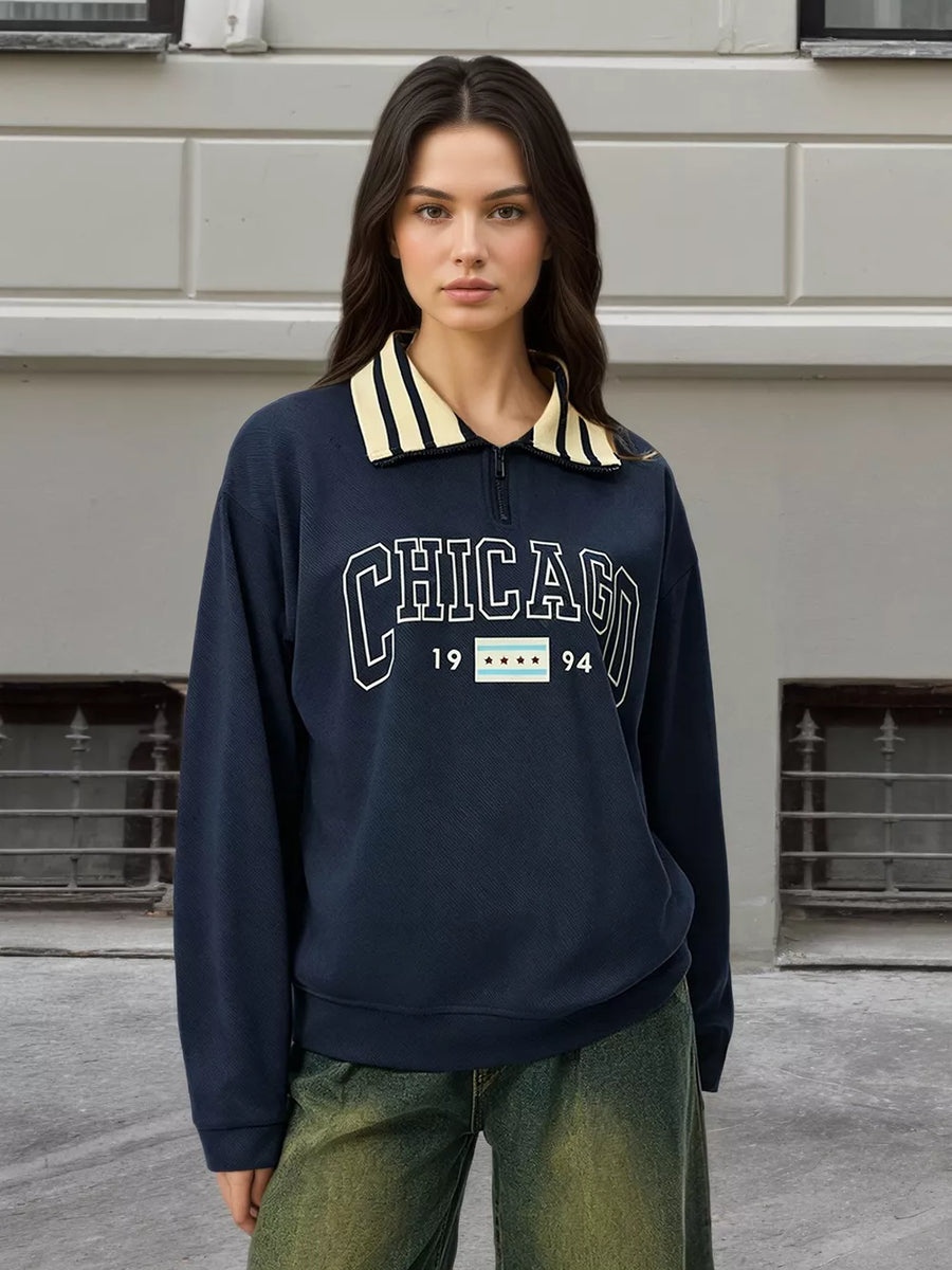 Dark Blue with Graphic Sweatshirt With Striped Collar