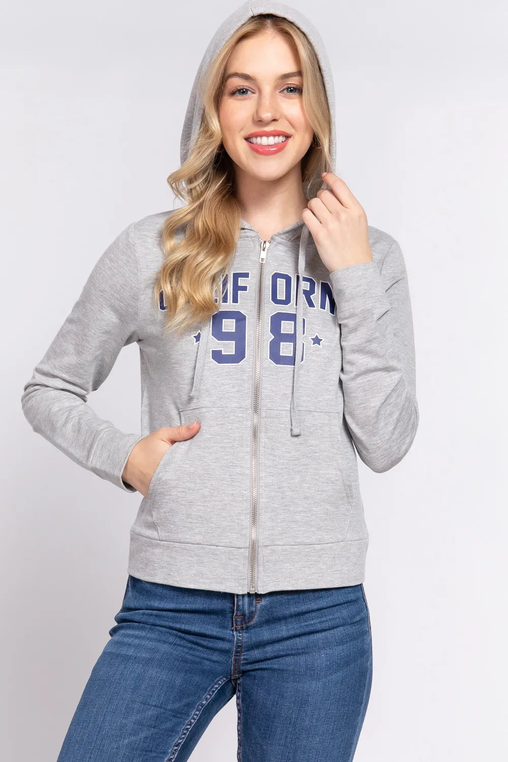 Grey zip hoodie with California '98 graphic print and front pocket.