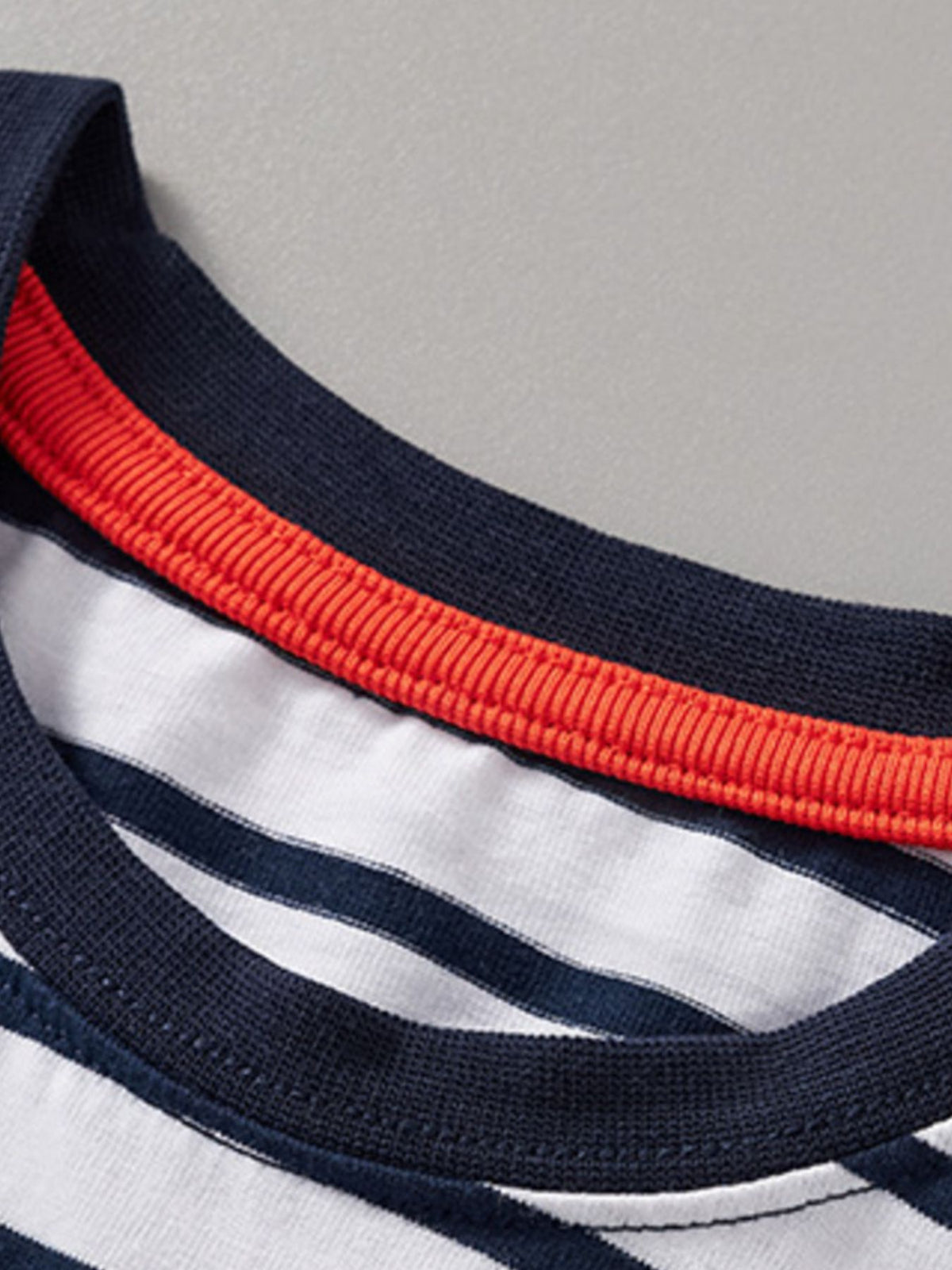 Toddler striped cotton t-shirt with navy crew neck and orange trim detail