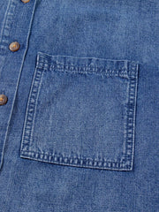Three Quarter Sleeve Loose Denim Shirt in denim blue with chest pocket
