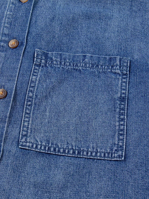 Three Quarter Sleeve Loose Denim Shirt in denim blue with chest pocket