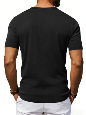 Black cotton blend tee with scoop neck and short sleeves.