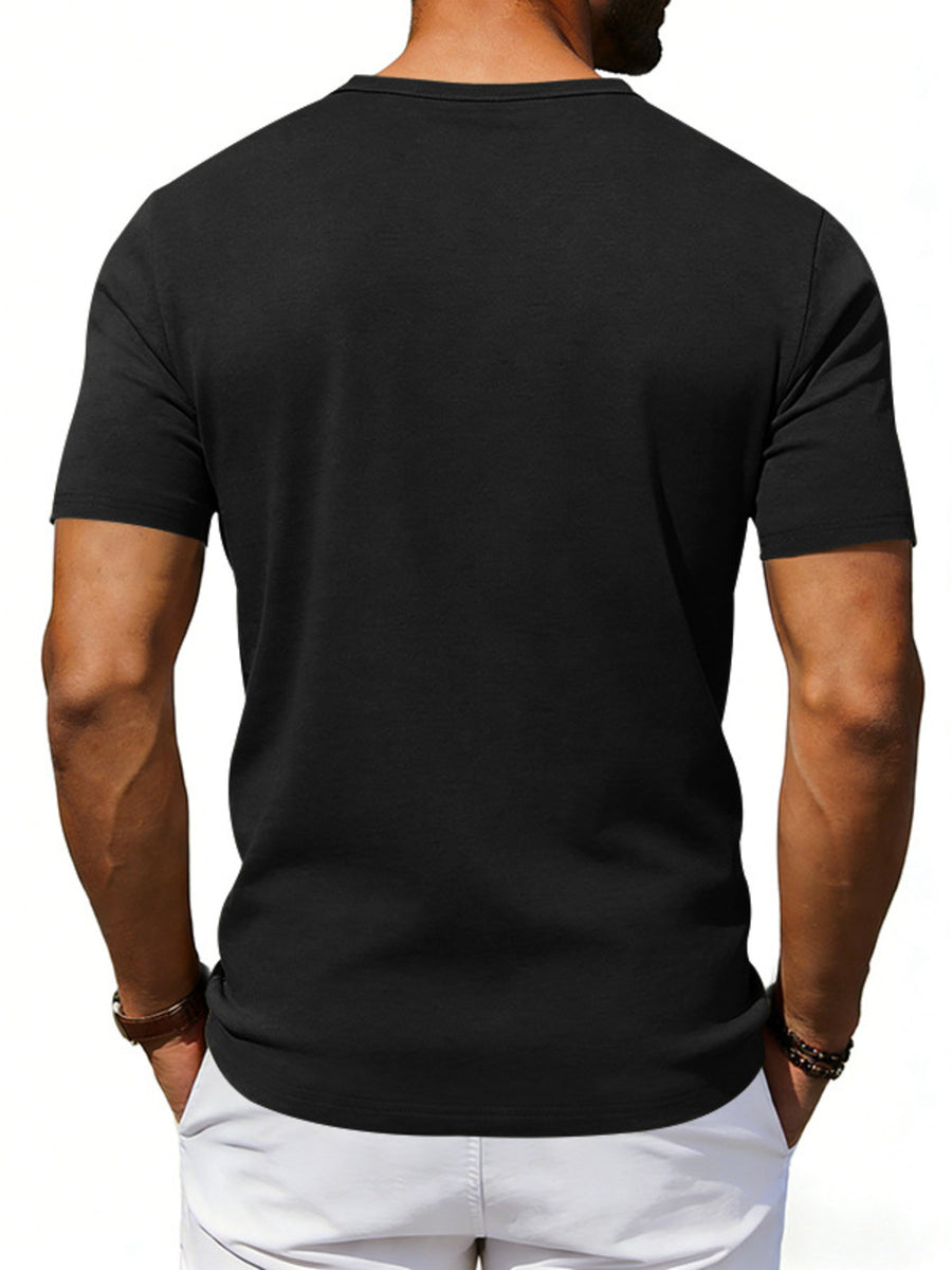 Black cotton blend tee with scoop neck and short sleeves.