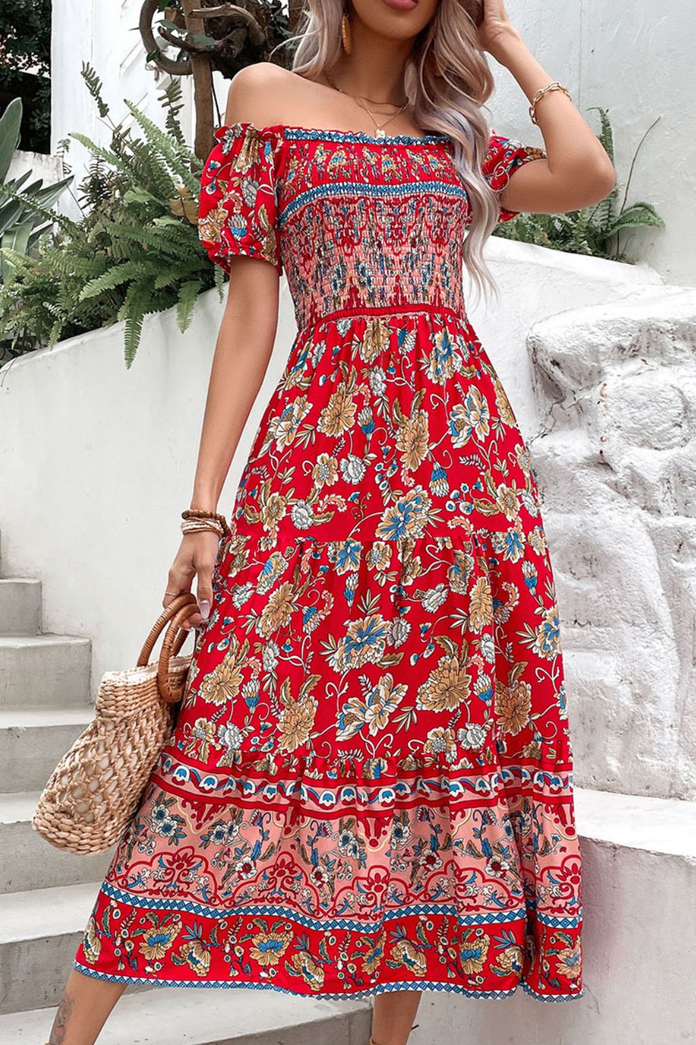 Deep Red floral off-shoulder dress with smocked bodice and tiered skirt.