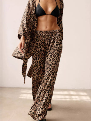 Leopard lounge set with cropped top, full-length pants and open-front