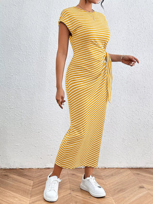 Yellow striped midi dress with tie-side detail and short sleeves.