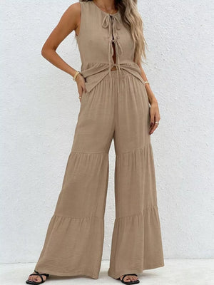 Beige tie-front ruffled sleeveless top with tiered wide-leg pants set