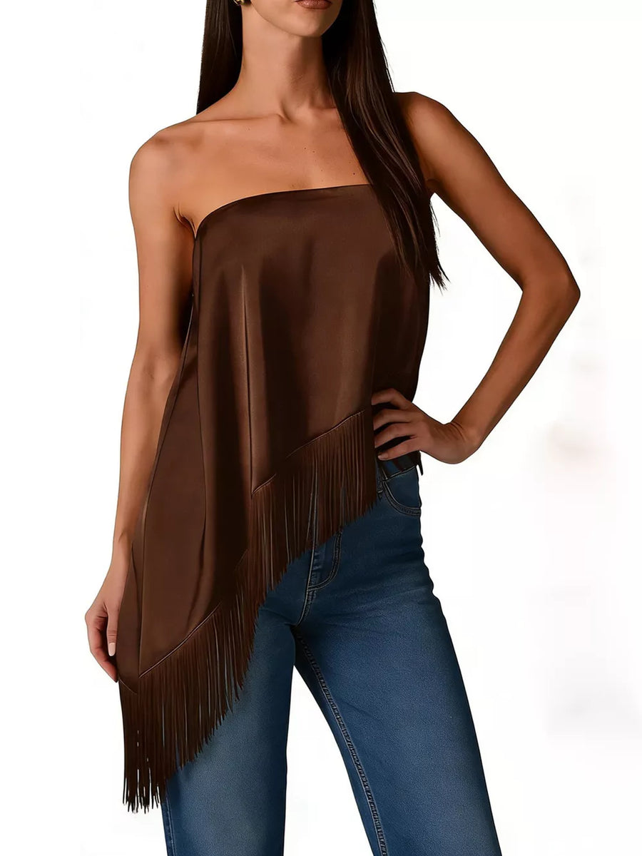 tube top in brown featuring asymmetrical and relaxed fit