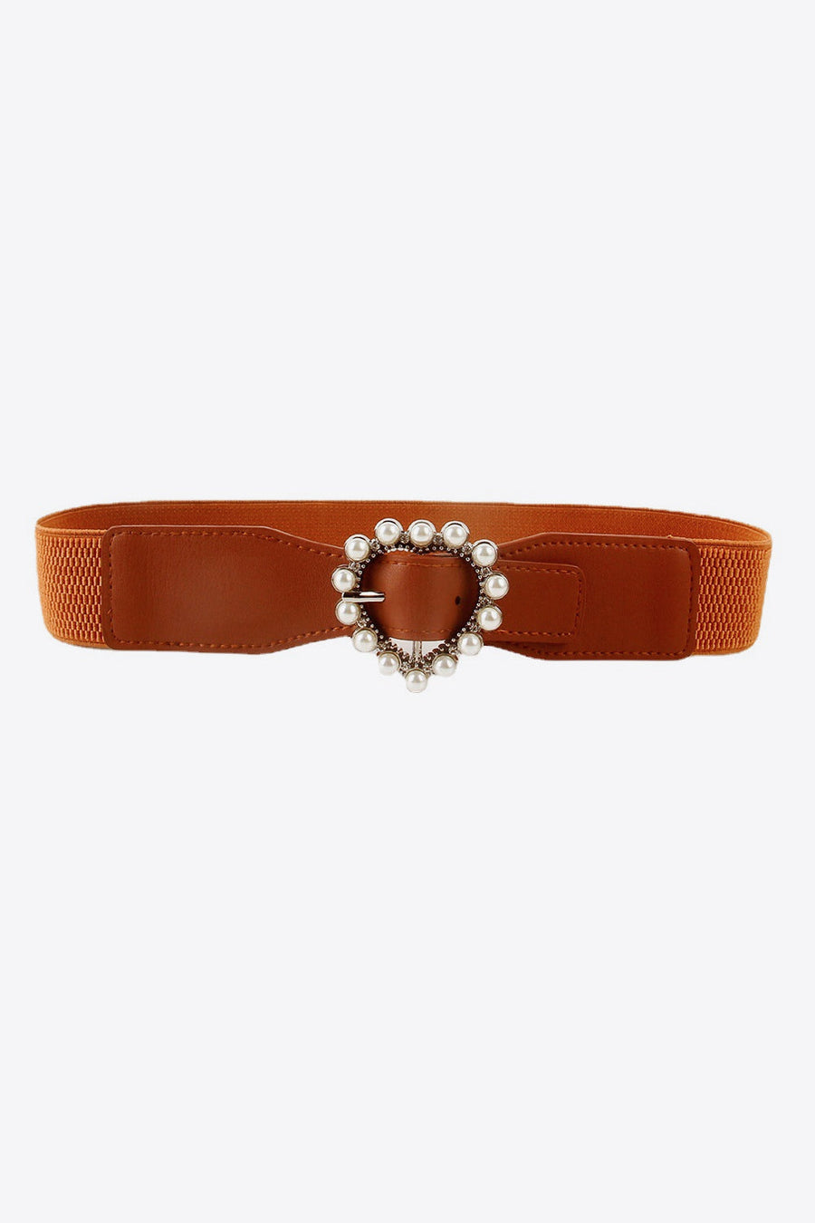 Caramel stretch belt with pearl-embellished heart buckle