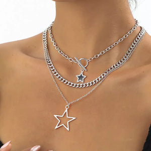 Silver with 3-piece Layered Star Pendant Silver-plated Necklace in Silver