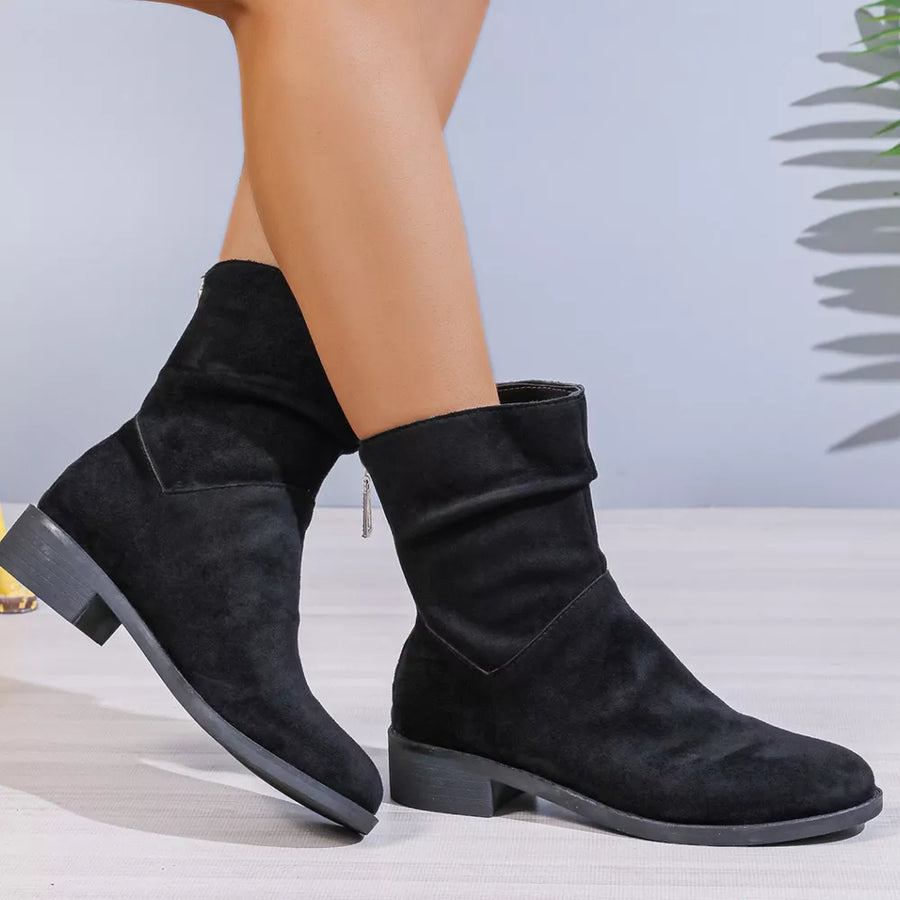 Black suede ankle boots with a pointed toe, block heel, and side zipper detail.