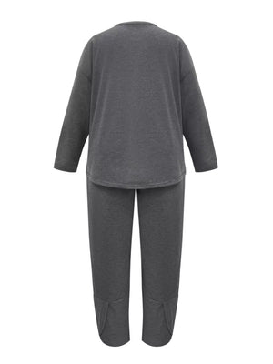 Plus size dark gray crew neck lounge set with long sleeves and split hem pants.