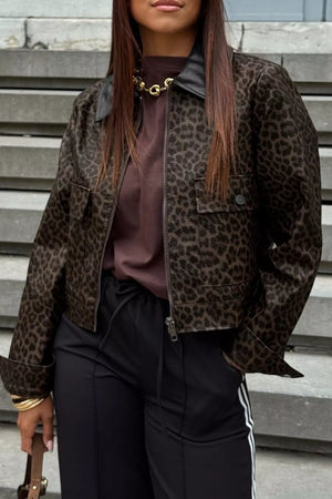 Black with Leopard Print Cropped Faux Leather Jacket in Black