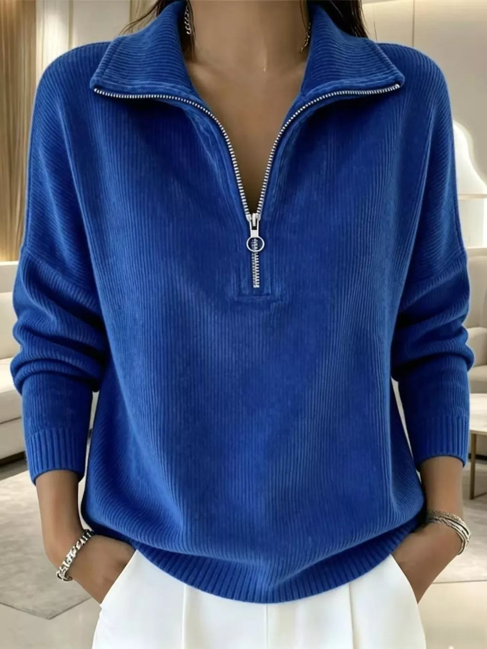 royal blue sweatshirt with corduroy and collared