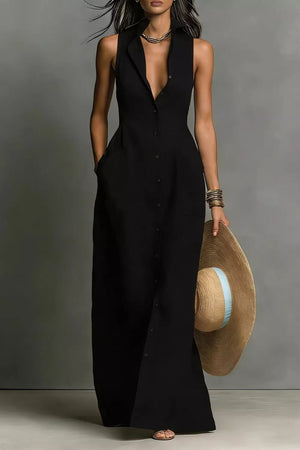 Black sleeveless maxi dress with button front and pockets, collared neckline