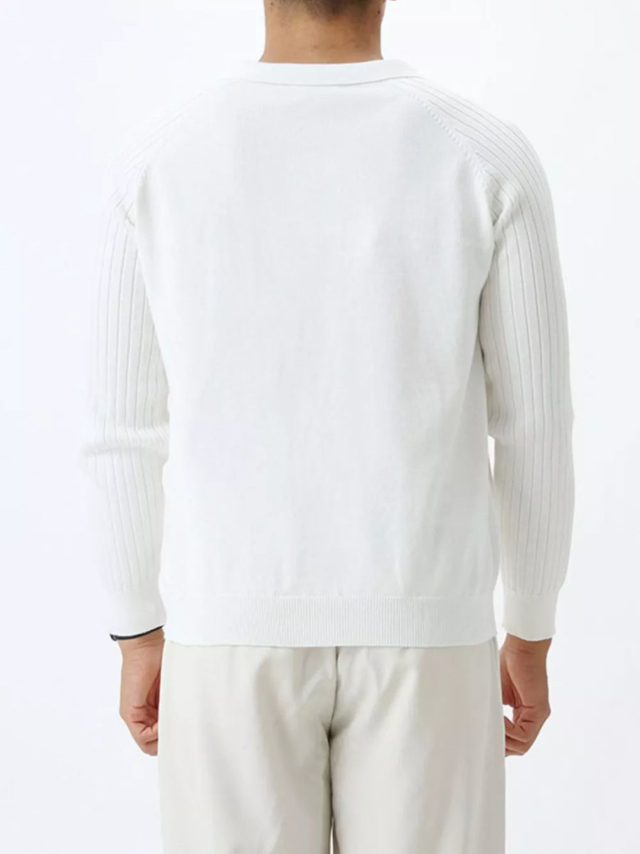White knit polo top with ribbed sleeves and classic fit.
