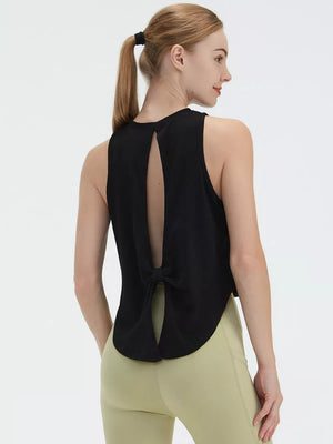 Black sleeveless tank top with open back and tie detail