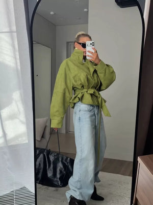 lime green boxy jacket with mock neck