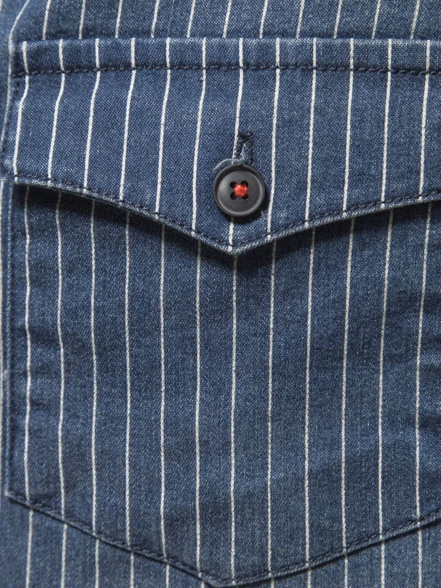 Peacock Blue denim western shirt with white vertical stripes and a buttoned pocket.