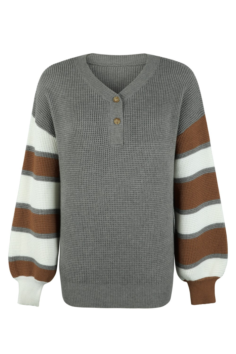 Waffle knit henley sweater in dark gray with striped balloon sleeves in brown and white.