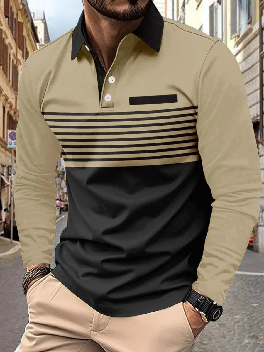 Khaki and black color blocked long sleeve polo with horizontal stripes and chest pocket.