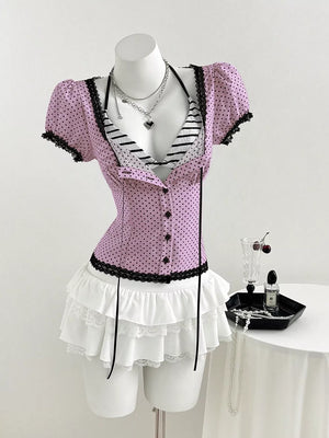 Polka Dot Lace Trim Puff Sleeve Top, view 14