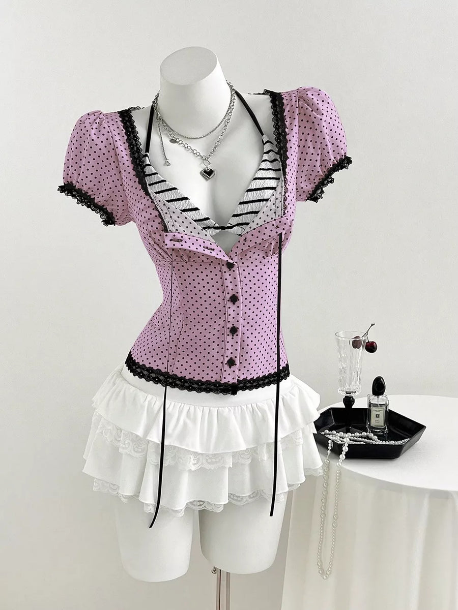 Polka Dot Lace Trim Puff Sleeve Top, view 14