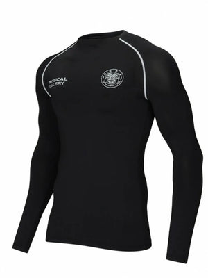 Black long sleeve performance fit crew neck t-shirt with white piping and chest branding.