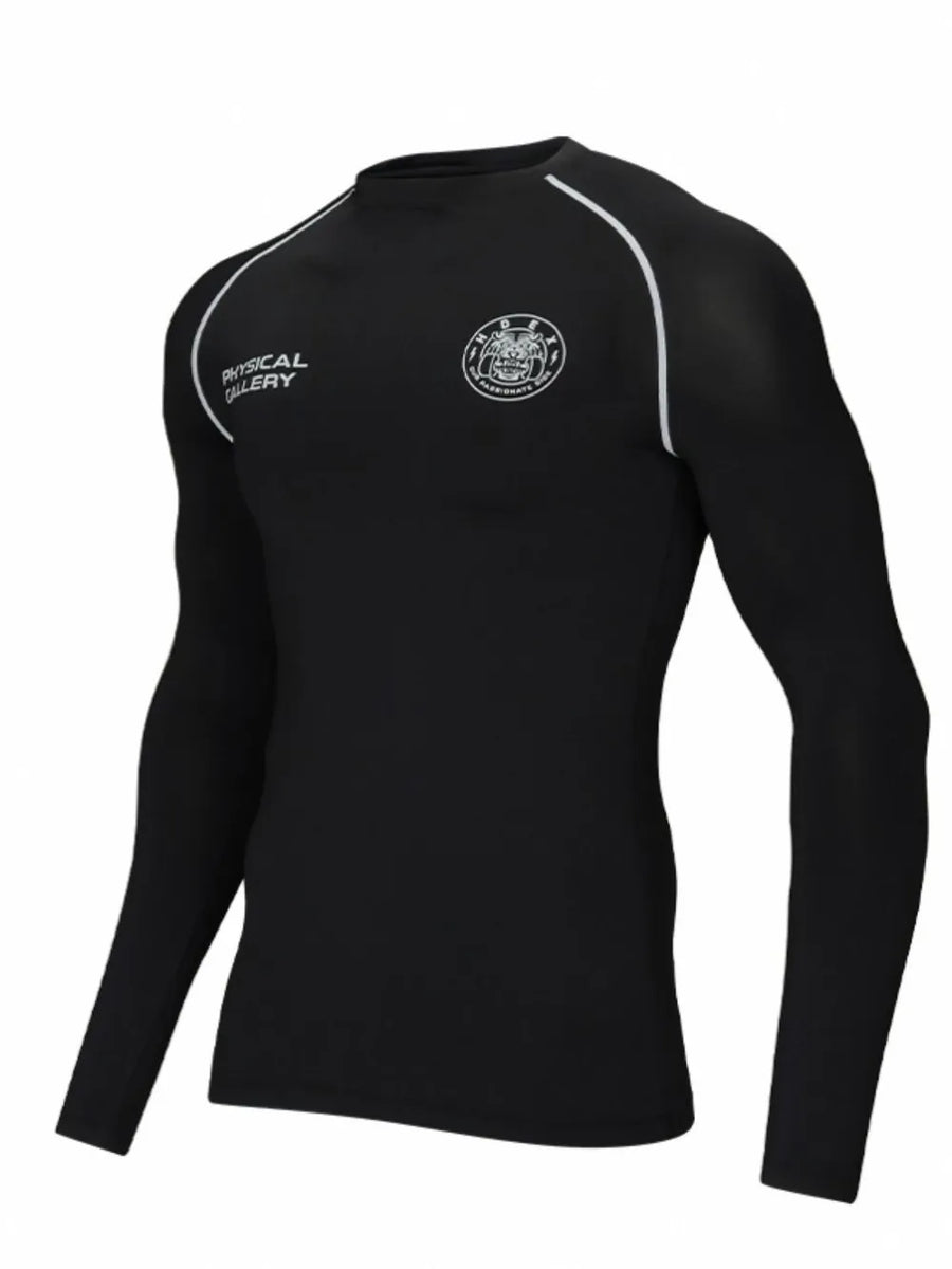 Black long sleeve performance fit crew neck t-shirt with white piping and chest branding.