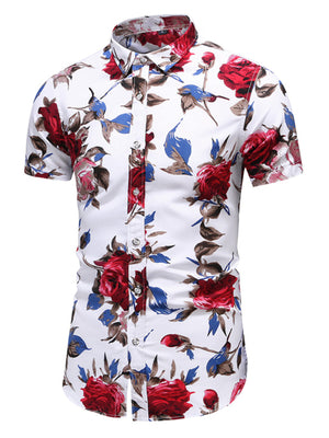 Men's white short sleeve button-up shirt with red and blue floral print
