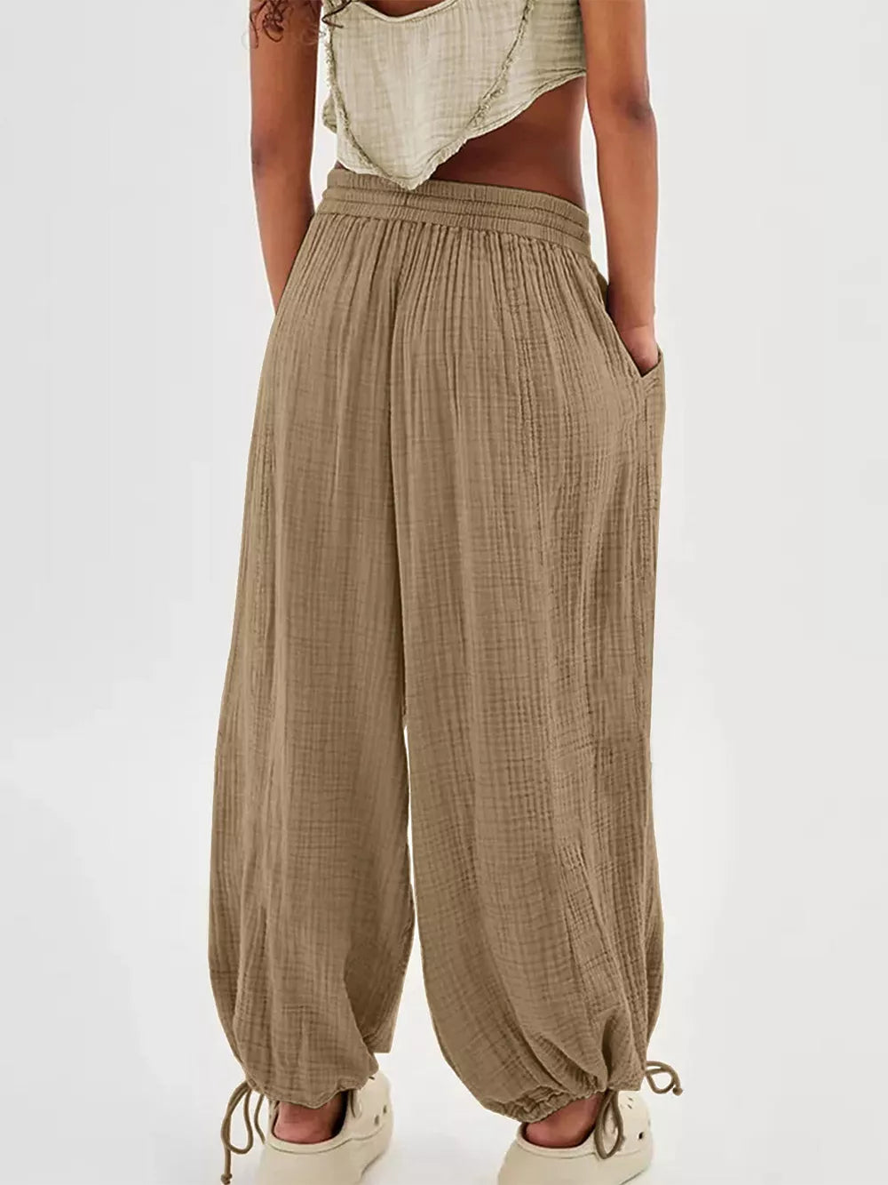 bohemian wide-leg pants in khaki with N/A