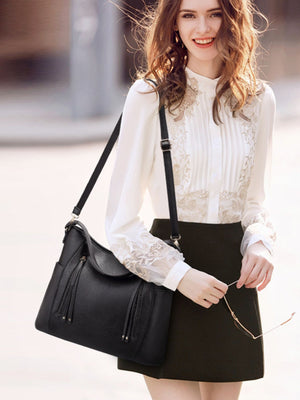 Leather Casual Shoulder Bag in Black with zipper pockets