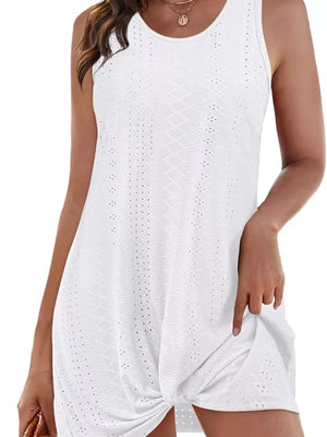 White eyelet tank dress with twisted hem detail