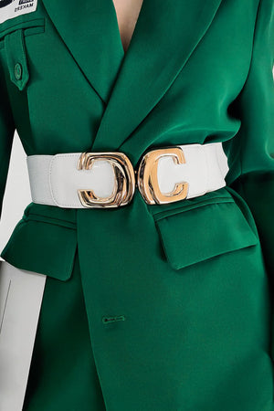 White elastic waist belt with double C gold buckle detail
