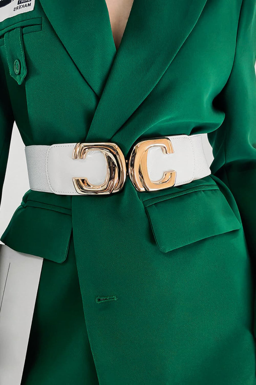 White elastic waist belt with double C gold buckle detail