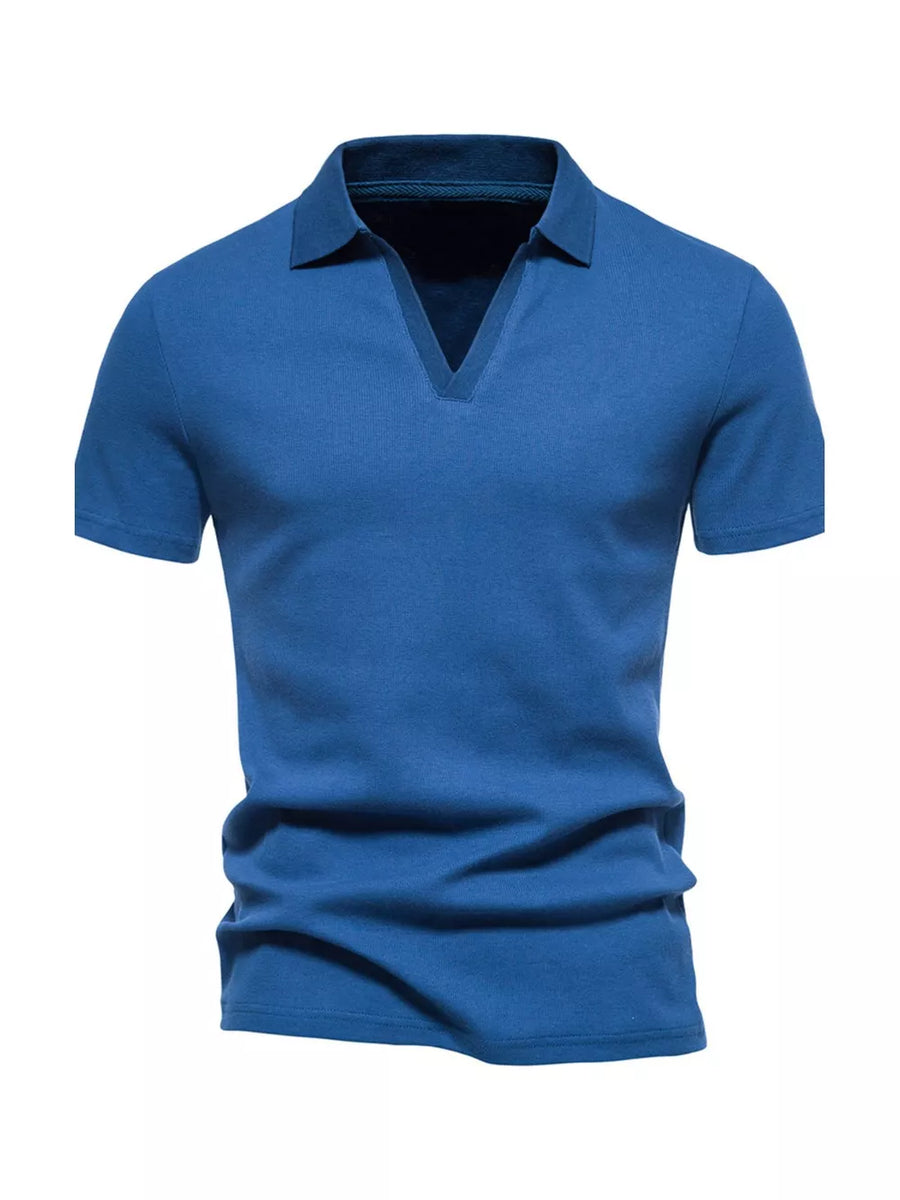 Men's blue cotton blend polo shirt with notched collar and short sleeves.